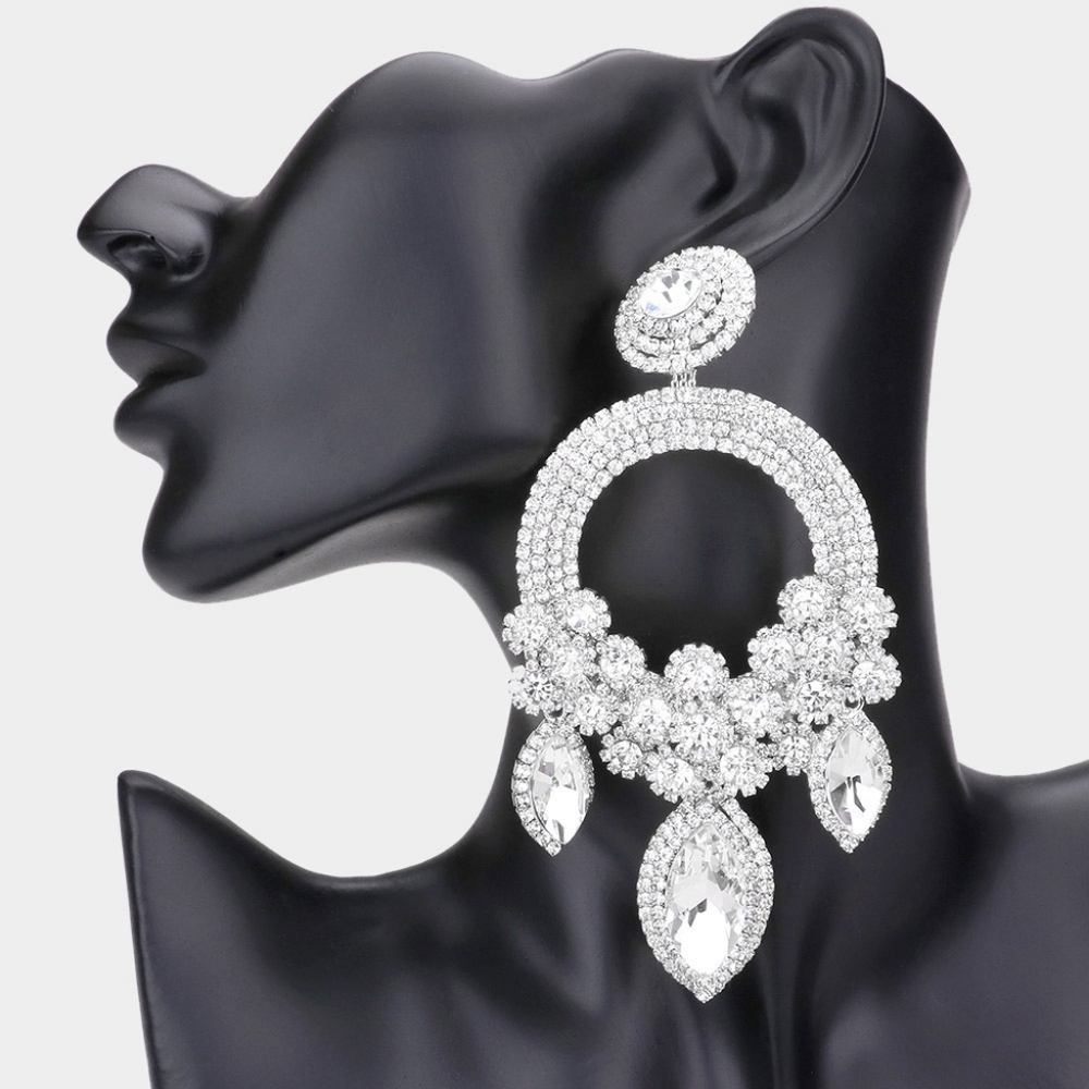 Silver and Clear Flower Oversized Dangle Earrings Big Crystal Statement Jewelry